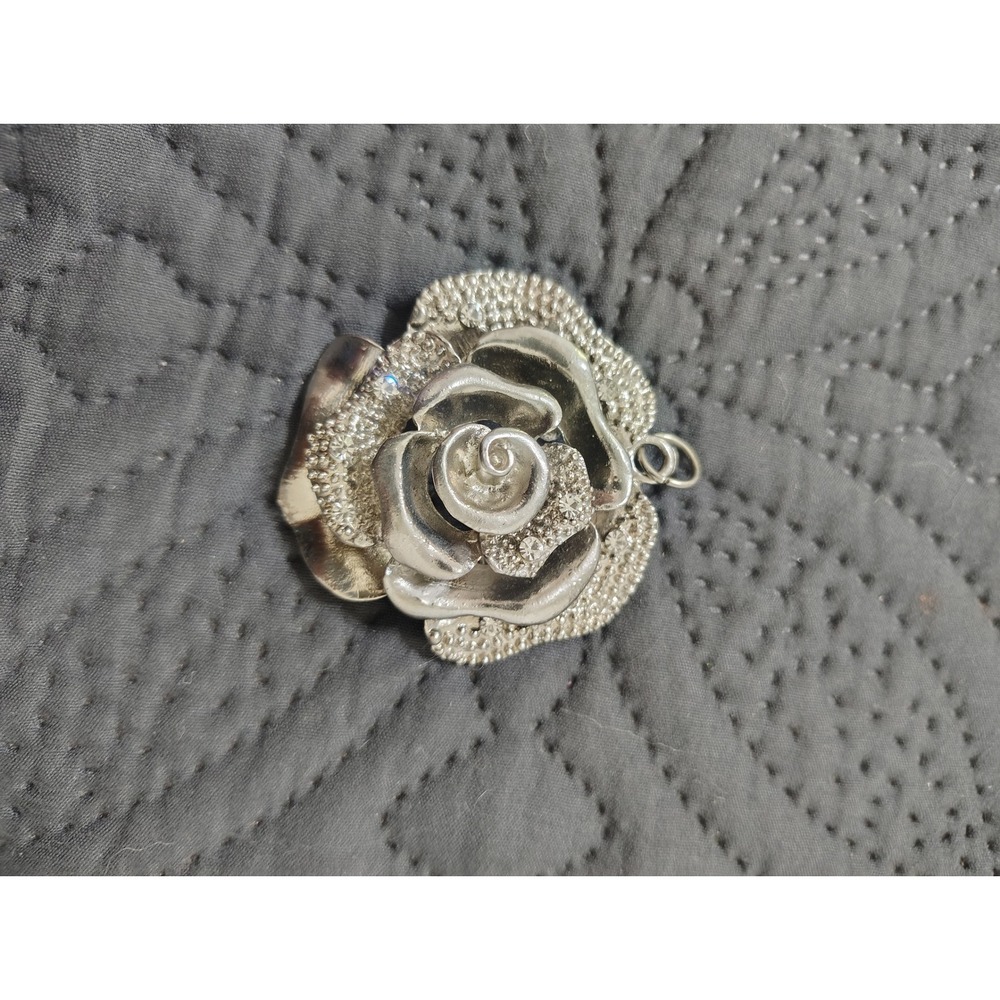 Silver Tone Rose Flower Pendant Rhinestone Textured Petal Floral Charm Jewelry
